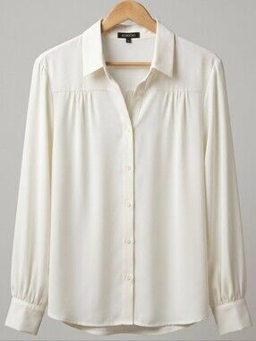 KOJOOIN Ivory Long Sleeve Button Down Blouse Gathered Front Size Large